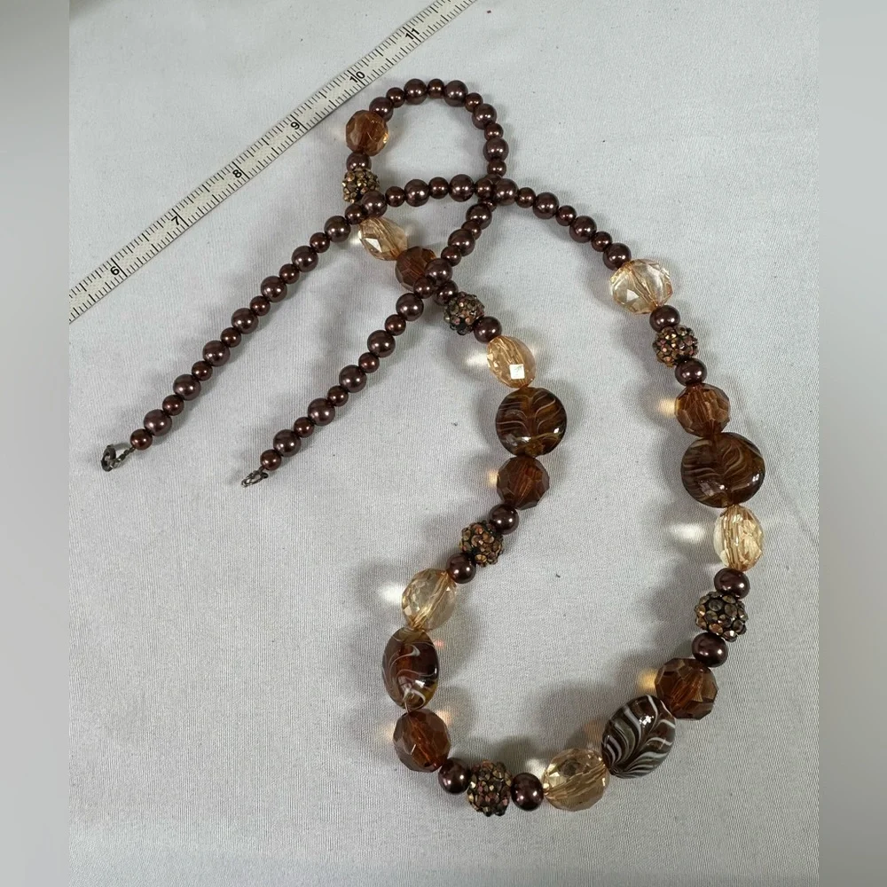 Long neutral brown tone glass bead sparkly necklace